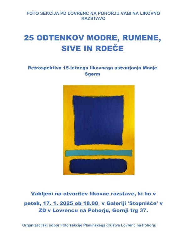 25 odtenkov modre, rumene, sive in rdeče, razstava Manje Sgerm